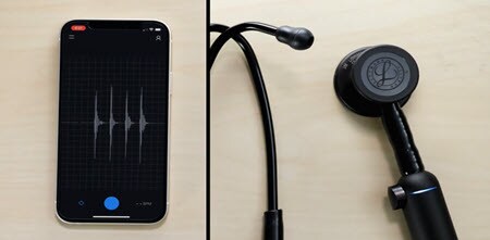 nærbillede af et Littmann CORE digitalt stetoskop, der synkroniseres med EKO-mobilappen

