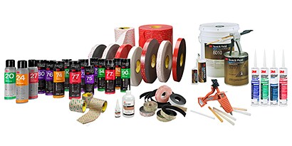 Lær om typer af klæbestoffer og lim og kontinuerlig klæbning. Billede af 3M flydende lim- og tapetyper.
