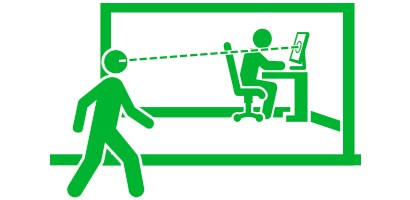 Illustration af en person, der kigger gennem en glasvæg på et kontor
