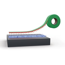 Elektrostatisk klæbning er den mest almindelige inden for anvendelse af tape. Grafik, der illustrerer elektrostatisk klæbning af tape og overflade.
